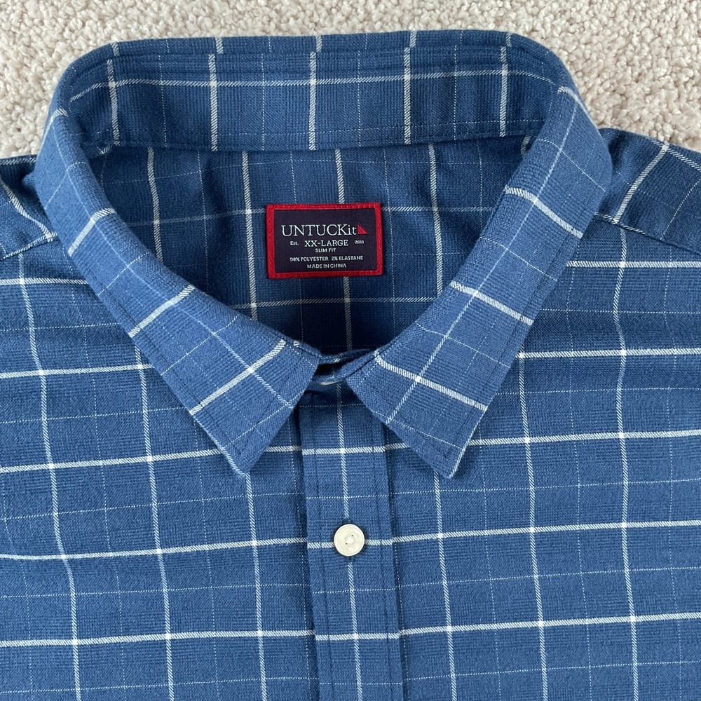 UNTUCKit Otranto Blue Windowpane Plaid Slim Fit Shirt Mens XXL